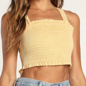 Lulu's Easily Sweet Light Yellow Smocked Backless Crop Top, M